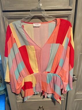 Wonder by Democracy Multicolor Stripe V-Neck Peplum Blouse